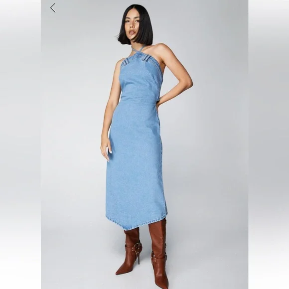 NWT Nasty gal Denim Tie Back Halter Midi Dress - Picture 2 of 9